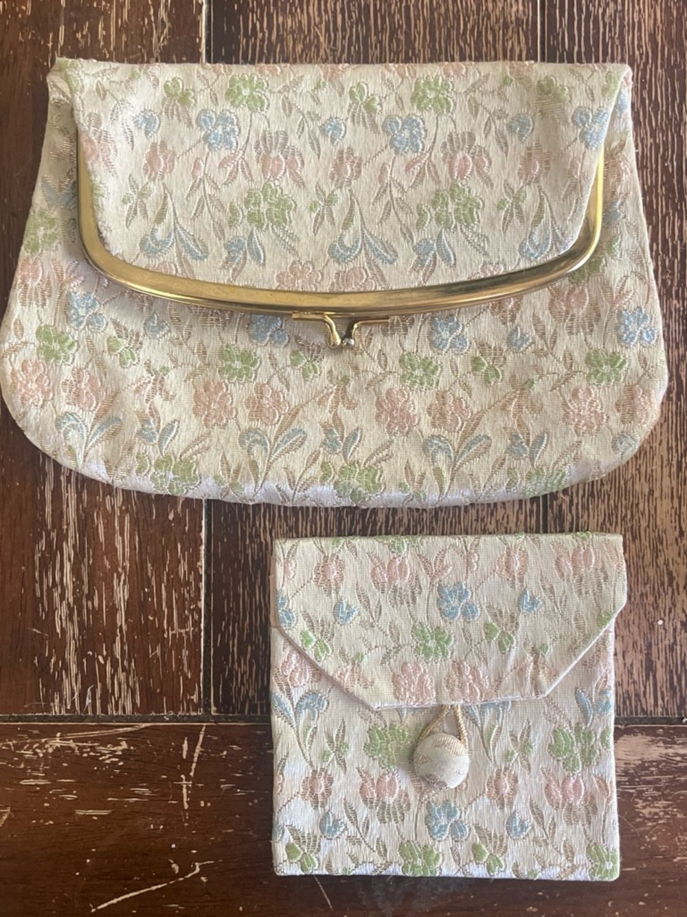 Vintage mid-century pastel floral brocade tapestry fold over clutch purse